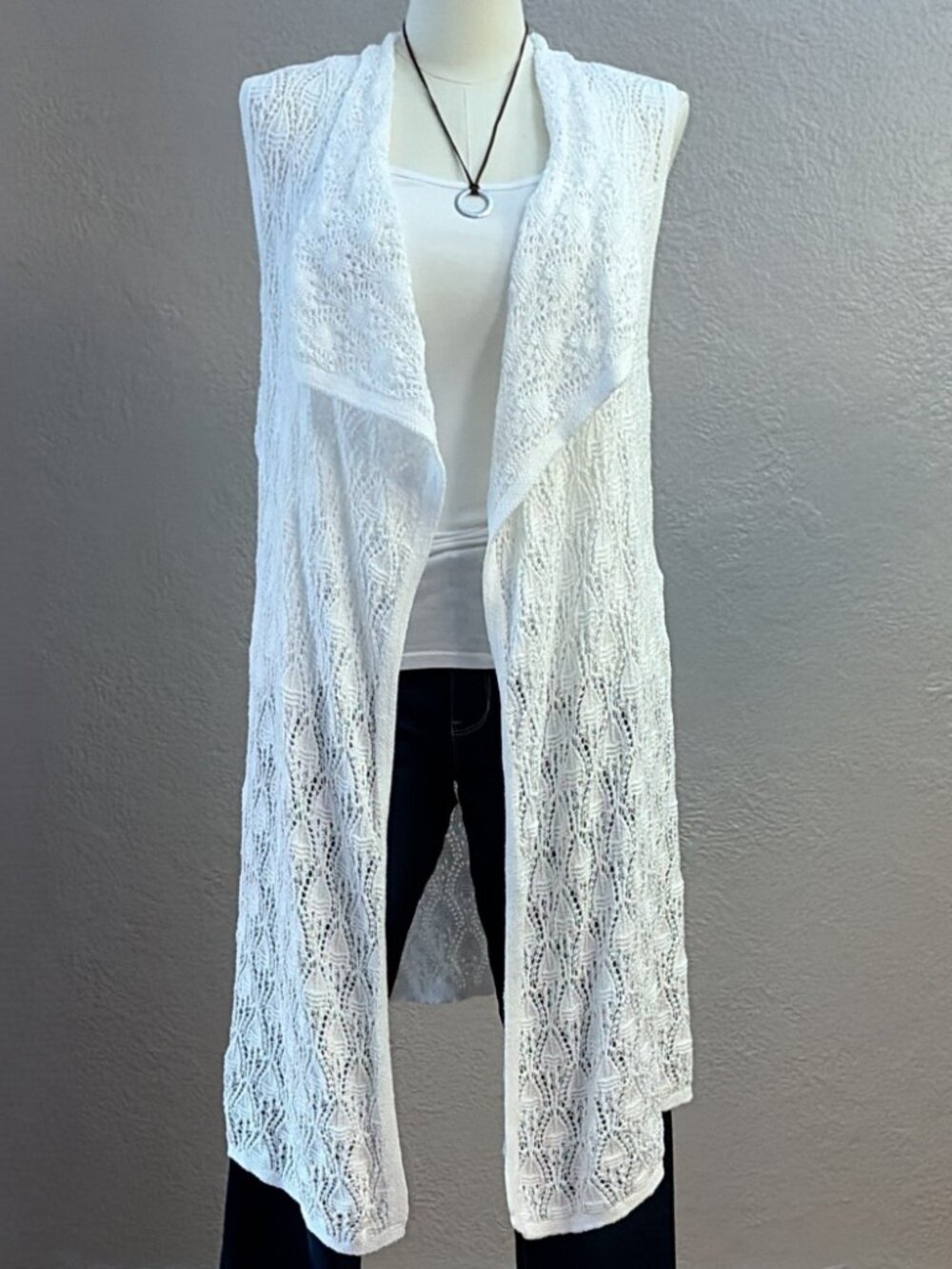 Long Crochet White Vest Open Weave Boho Sleeveless Cardigan Duster Large